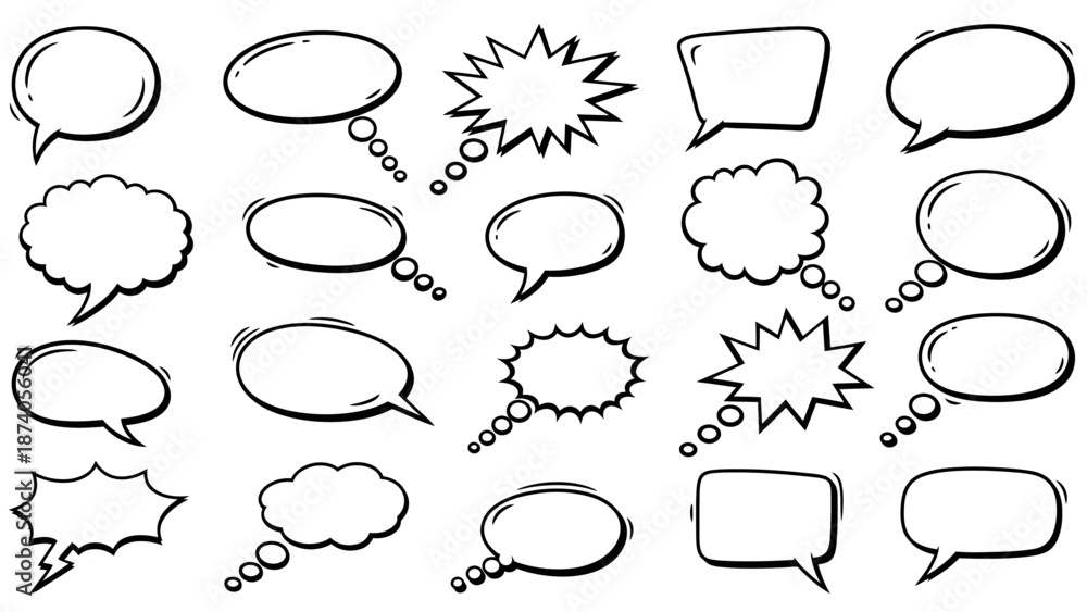 Fototapeta premium Collection of Hand-Drawn Speech Bubbles with Various Shapes and Styles.