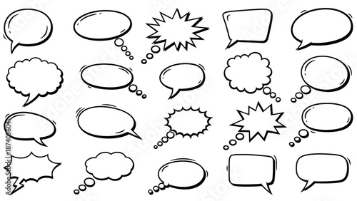 Collection of Hand-Drawn Speech Bubbles with Various Shapes and Styles.