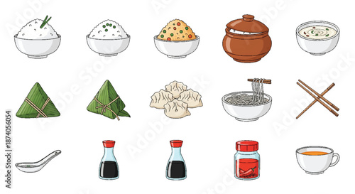 Asian Food Vector Graphic Design Set: Rice, Noodles, Dumplings & Sauces