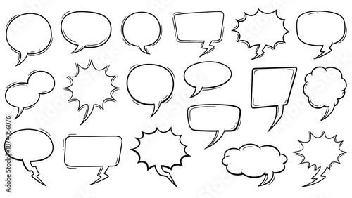 Collection of Hand-Drawn Speech Bubbles with Black Outlines and Various Shapes.
