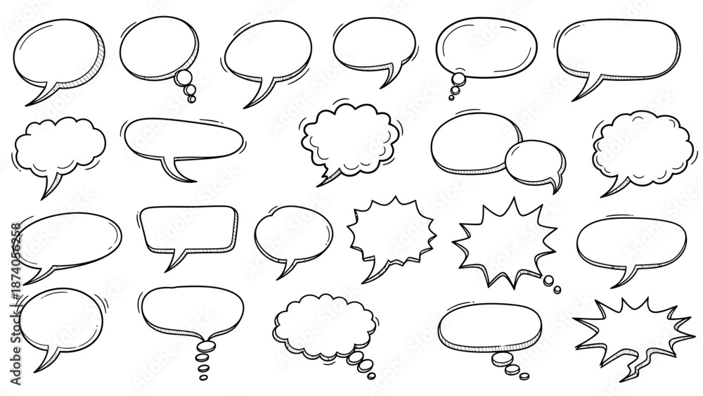 Fototapeta premium Collection of Hand-Drawn Speech Bubbles in Various Shapes and Styles.