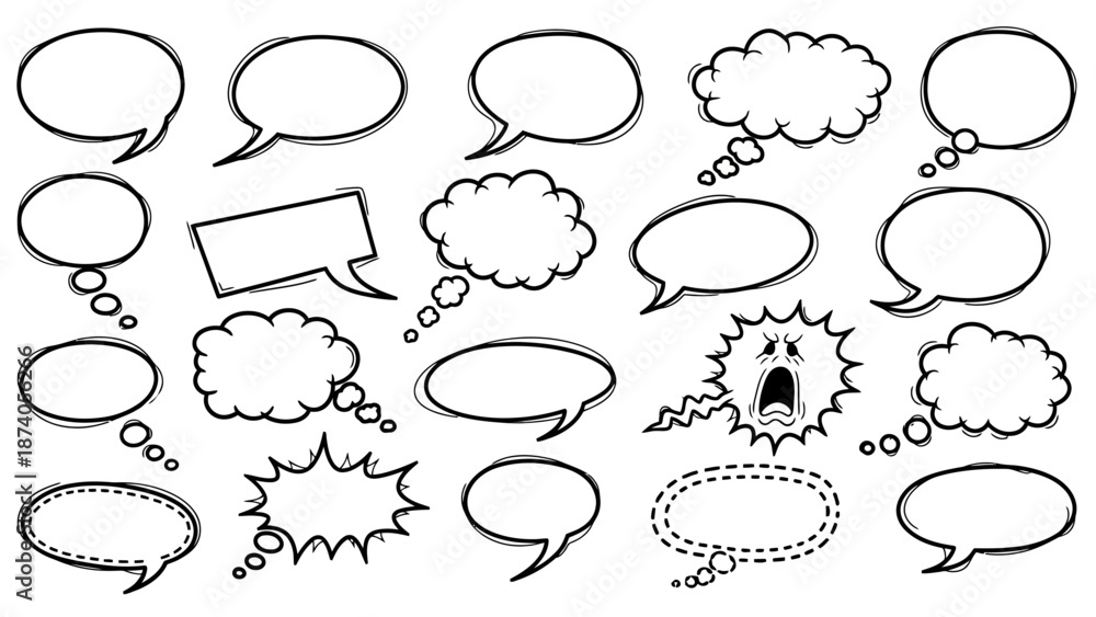 Fototapeta premium Collection of Hand-Drawn Speech Bubbles in Various Shapes and Styles.