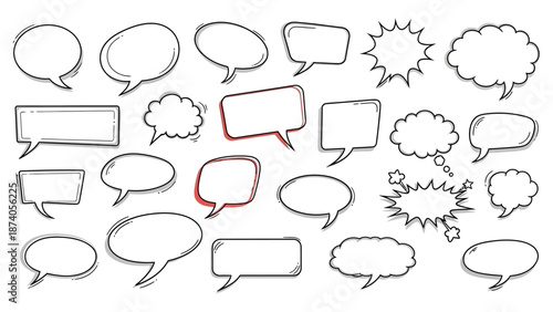 Collection of Hand-Drawn Comic Speech Bubbles with Outlines and Shadows.