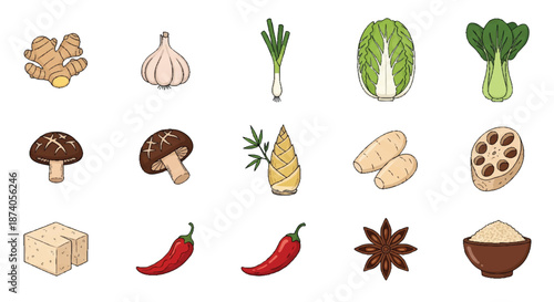Asian Ingredients Vector Illustration Set - Flat Design Food Graphic