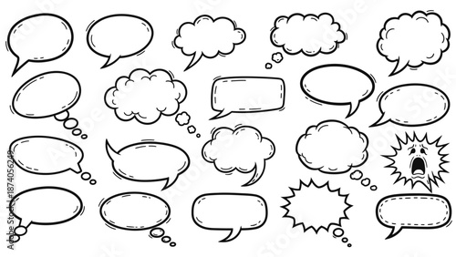 Collection of Hand-Drawn Speech Bubbles with Various Shapes and Styles.