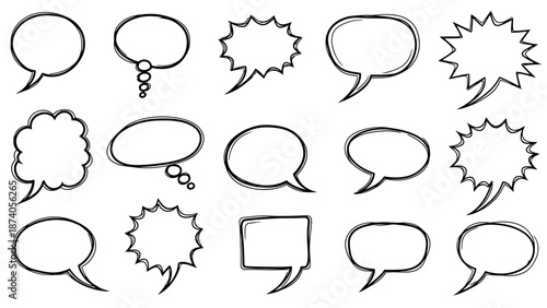 Collection of Hand-Drawn Speech Bubbles with Various Shapes and Outlines.