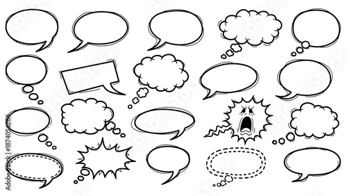 Collection of Hand-Drawn Speech Bubbles in Various Shapes and Styles.