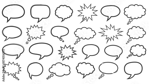 Hand-drawn Speech Bubbles Collection in Black Outline Various Shapes and Styles.