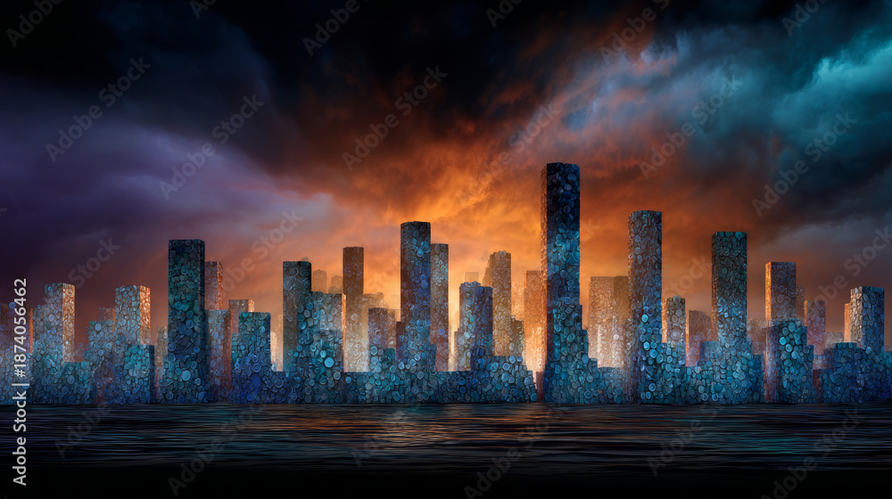 Fototapeta premium An apocalyptic skyline made of giant soda cans. Symbol of a major environmental problem caused by urban overconsumption waste. Abstract image.