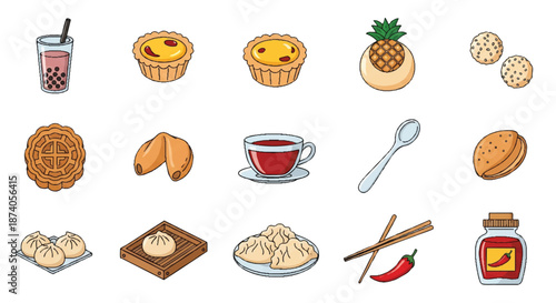 Chinese Food and Dim Sum Vector Icon Set, Asian Cuisine Graphics