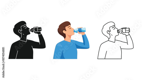 Man drinking water from a bottle, set of three icons in silhouette, color, and outline styles
