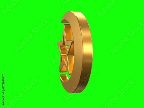 Golden Crescent Moon and Star Rotating Loop on Green Screen. Islamic Symbol for Ramadan and Eid al-Fitr Background