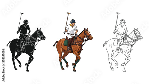 Polo players riding on horses illustrated in silhouette, color, and outline styles