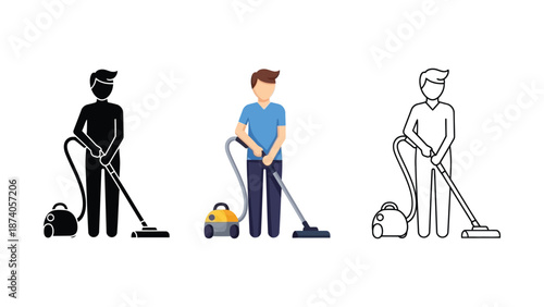 Man vacuuming with a canister vacuum cleaner, set of three icons in silhouette, color, and outline styles