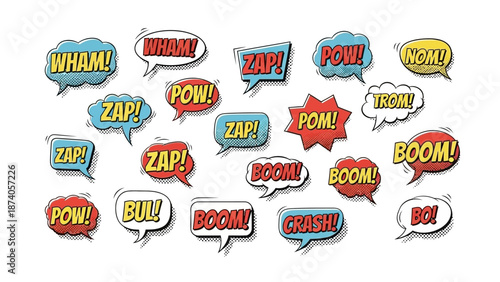 Colorful Comic Book Sound Effects Bubbles with Bold Text and Outlines.