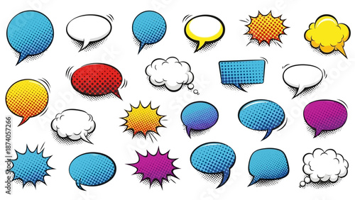 Diverse Comic Book Speech Bubbles with Halftone Patterns and Outlines.