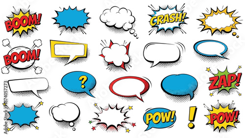 Diverse Comic Book Speech Bubbles and Sound Effects in Pop Art Style.