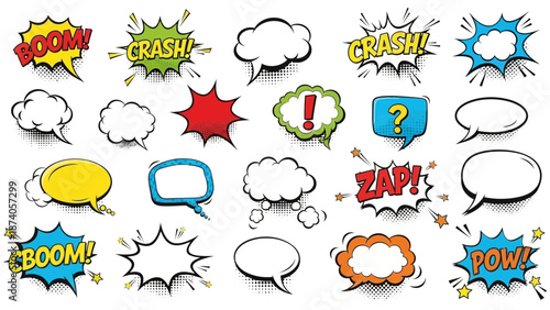 Collection of Colorful Comic Book Speech Bubbles with Various Text and Effects.
