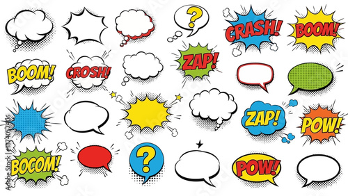 Diverse Comic Book Speech Bubbles with Bold Text and Halftone Effects.