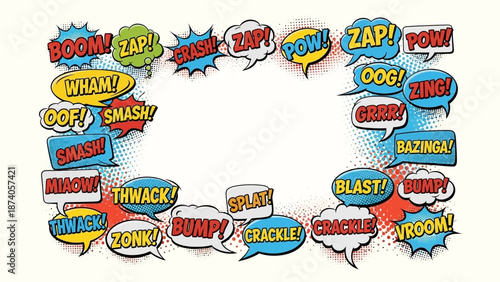 Colorful Comic Book Sound Effects Speech Bubbles with Bold Text.