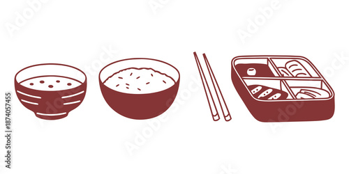 Traditional Japanese meal with rice bowls and chopsticks in simple and monochrome vector style for any design needs