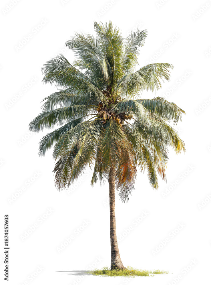 Obraz premium Digitally isolated palm tree with a black background, featuring trunk, fronds, and coconuts