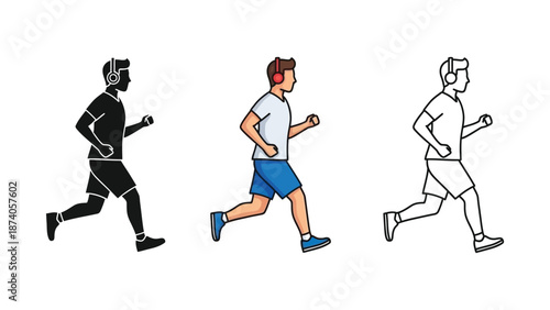 Man running with headphones illustrated in silhouette, color, and outline styles