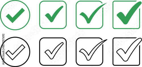 Eight green and black check mark in circles and squares tick approved