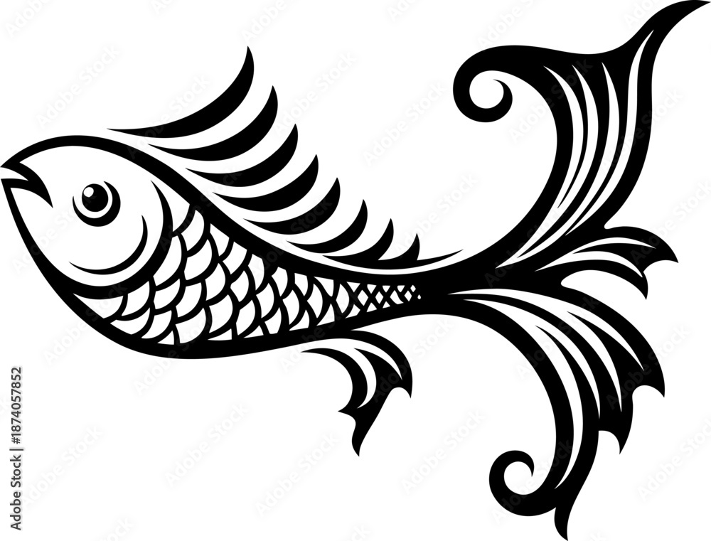 Fototapeta premium Stylized decorative fish with ornate fins and scales, elegant aquatic design in black and white