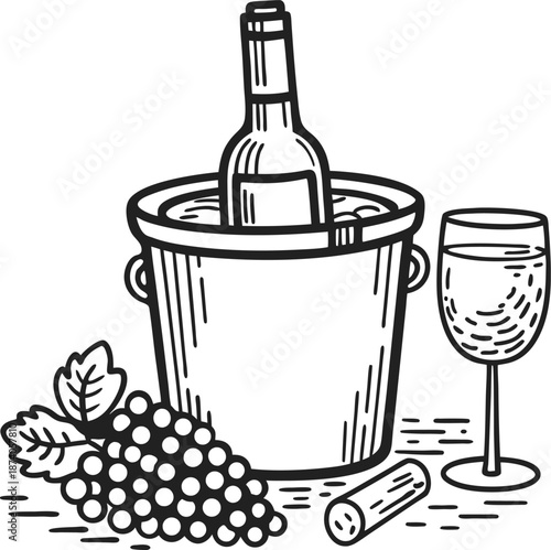 Wine bottle chilling in ice bucket with glass and grape cluster elegant beverage setup for wine tasting and celebration