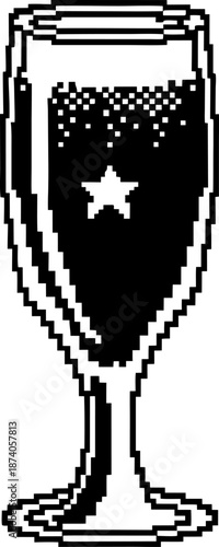 Pixel art black and white beer glass with star icon, digital beverage illustration with foam bubbles