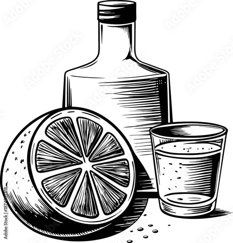Lemon and tequila bottle with shot glass alcohol drink illustration with citrus fruit for cocktail and spirits concept