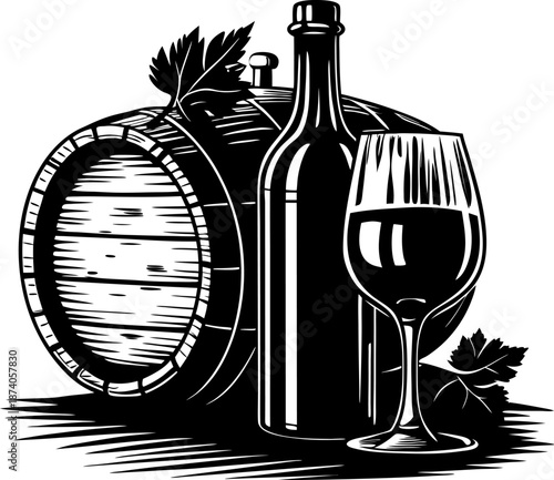 Wine bottle, glass, and wooden barrel with grape leaves illustration