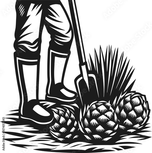 Farmer harvesting fresh pineapples with shovel agricultural produce, tropical fruit farming, manual labor harvesting crop
