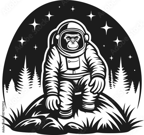 monkey astronaut sitting on rock in forest under starry night sky, space exploration concept