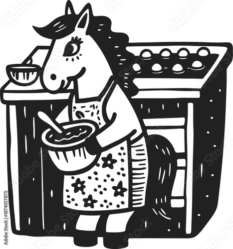 horse baking cookies in apron at oven with baking tray and bowl in kitchen