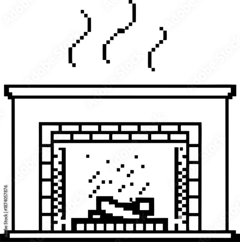 simple pixel art fireplace with burning logs and smoke rising in retro black and white design