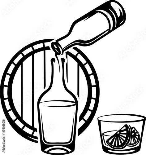 Tequila bottle pouring into glass with lime slices and wooden barrel background illustration