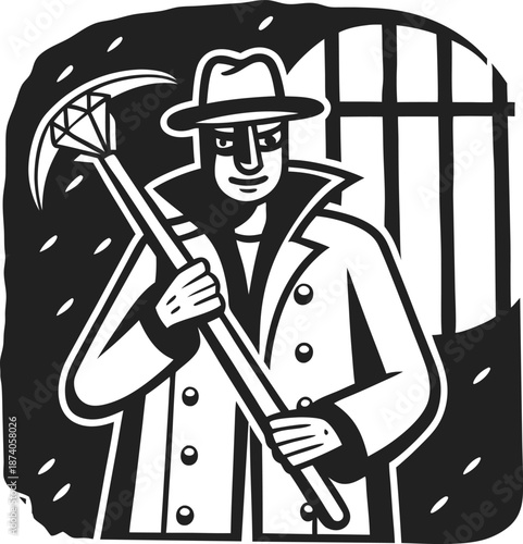 Man in trench coat holding crowbar with diamond, breaking through prison bars