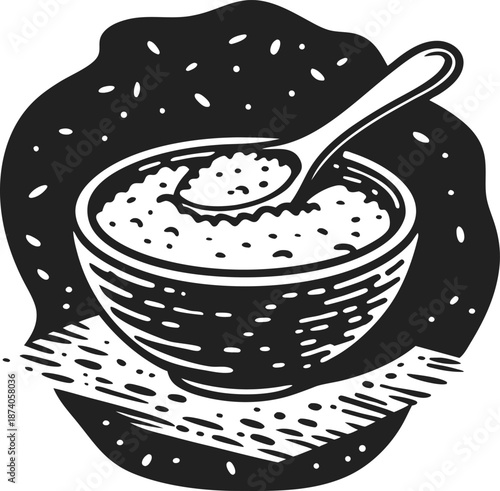 Bowl of porridge with wooden spoon warm breakfast cereal served in rustic kitchen setting, nutrition and comfort food concept