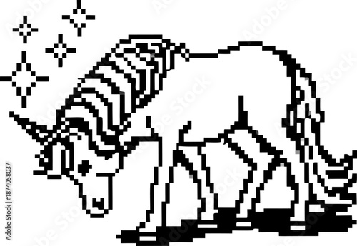 Pixel art unicorn with striped mane and sparkling stars, fantasy mythical creature in retro