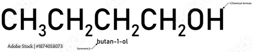 Butan-1-ol chemical formula and synonyms with callout titles