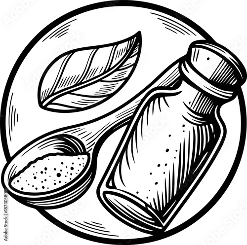 pepper bottle and spoon with ground pepper powder and bay leaf, seasoning and spice concept