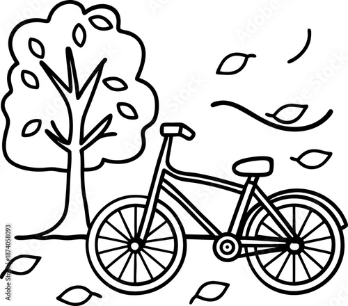 bicycle parked near tree during windy autumn day with falling leaves and swaying branches
