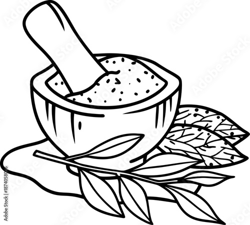 Mortar and pestle with crushed herbs and leaves, natural medicine and herbal remedy concept