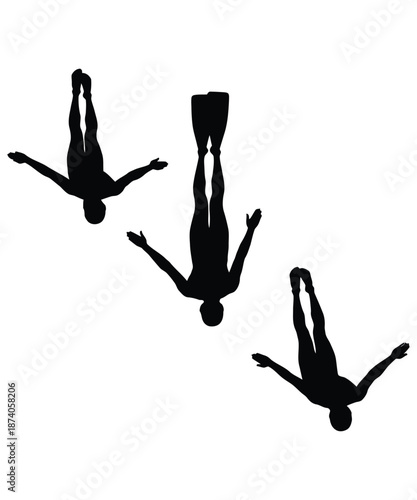 Three black silhouettes of people doing backflips on a white background