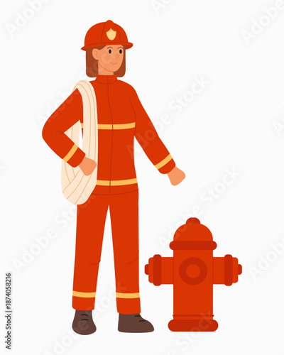 Female firefighter stands tall in red protective suit with hose near hydrant with water. Firefighter going to extinguish fire