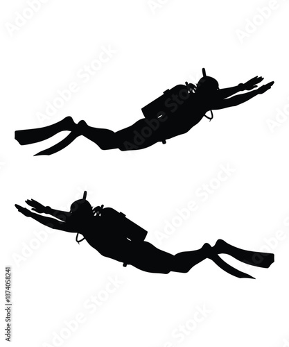 Two scuba divers swimming underwater in tandem with bubbles rising