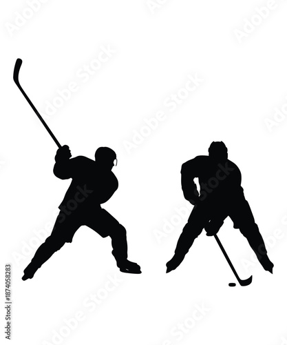 Two ice hockey players in action with sticks on a white background