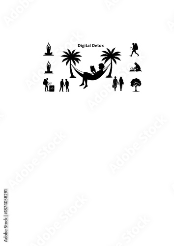 Digital Detox Silhouette, Person Reading Book in Hammock, Offline Lifestyle and Mental Wellness, Slow Living and Mindfulness Concept Vector Illustration